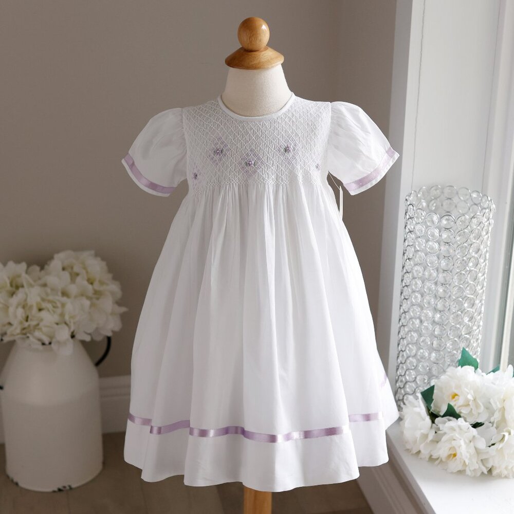 Smocked White Dress Lavender Trim 100% Cotton 2T Special Occassion Portrait